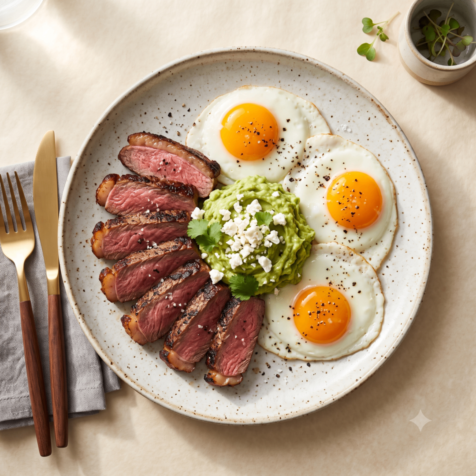 Minha dieta personalizada — caderno, ovos, abacate e sal sobre superfície creme.